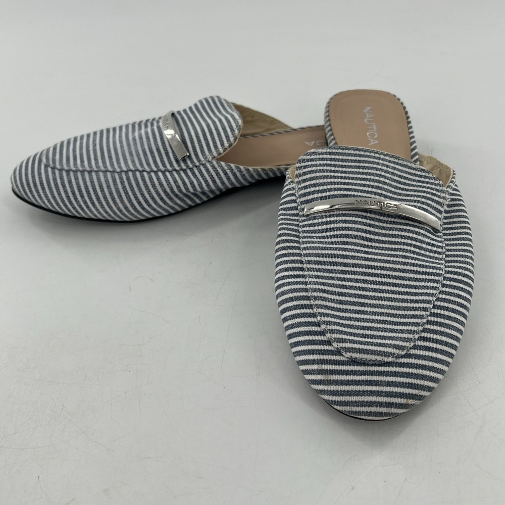 Nautica Striped Flat Mules Womens 8 Slip On Denim Blue White LABELLA Silver Tone